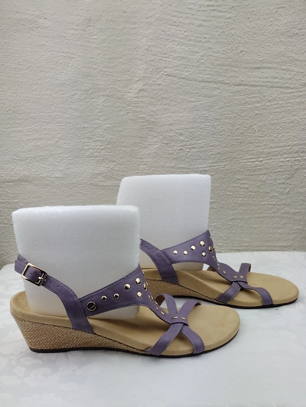 Vionic Orthaheel Catarina Leather Purple Studded Open Toe Slingback Wedge Sandal
